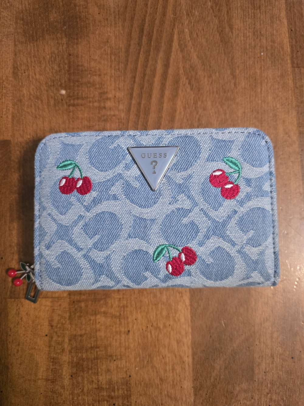 GUESS Denim Cherry Zip Around Wallet - Light Blue - Picture 1 of 6